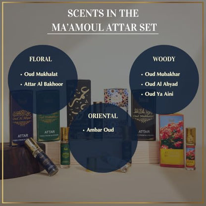 Oud Bakhoor Variety Box with Burner & Ma'amoul Attar Oil Set - 6 Bottles x 6 ml