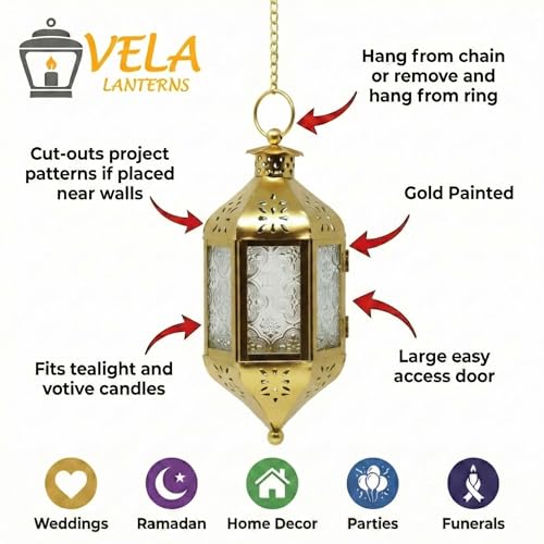 Vela Lanterns Hanging Moroccan Lamp - Exotic Decorative Patio & Porch Decor, Indoor Outdoor Tea Light Candle Lantern Holder with Chain (11" Medium, Gold)