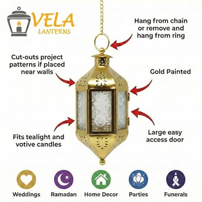 Vela Lanterns Hanging Moroccan Lamp - Exotic Decorative Patio & Porch Decor, Indoor Outdoor Tea Light Candle Lantern Holder with Chain (11" Medium, Gold)