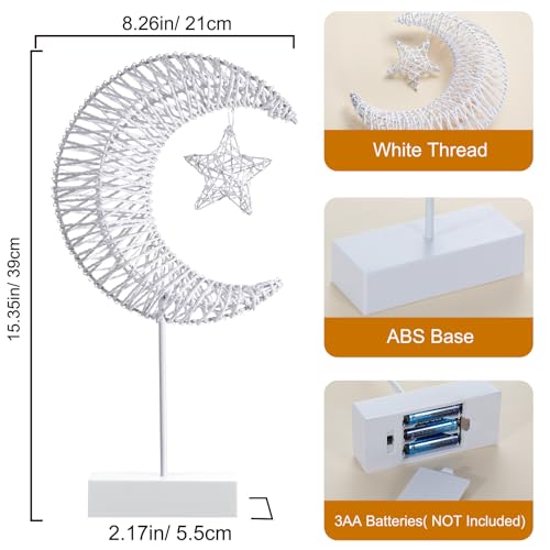Lewondr Decorative Table Lamp, Christmas Moon Star Ramadan Desk Lamp Battery Powered Warm LED Crescent Light for Xmas Home Bedroom Bedside Desktop Nightstand Decoration, White - style: Moon + Star