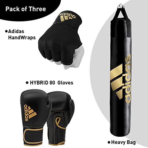 adidas Home Gym Bundle - Home use Heavy Bag (Black White, Black Gold, Black Red / 3ft, 4ft, 5ft) + Hybrid 80 Boxing Gloves (Black White, Black Red, Black Gold / 8oz, 12oz, 16oz) + Protective Inner gloves (Black Gold / Medium) – for Boxing, Training, Fitne