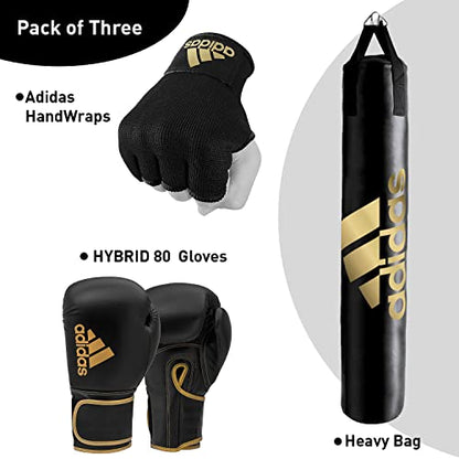 adidas Home Gym Bundle - Home use Heavy Bag (Black White, Black Gold, Black Red / 3ft, 4ft, 5ft) + Hybrid 80 Boxing Gloves (Black White, Black Red, Black Gold / 8oz, 12oz, 16oz) + Protective Inner gloves (Black Gold / Medium) – for Boxing, Training, Fitne