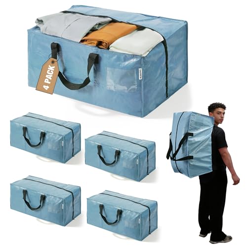 WORKPRO 4 Pack Extra Large Moving Bags with Backpack Straps & Handles | Heavy Duty Moving Storage Bags for Back to School, Dorm, Moving & Closet Storage, Double Zippers for Easy Packing, Dusty Blue - color: Dusty Blue, size: 4 Pack