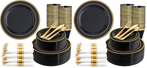 350 Pieces Black and Gold Plastic Plates with Disposable Silverware, Include 50 Dinner Plates 9”, 50 Dessert Plates 6.3”, 50 Black Cups 9 OZ, 50 Pre Rolled Napkins for New Year (Pack of 2) - color: Black - Modern, size: 350PCS (Pack of 2)