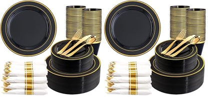 350 Pieces Black and Gold Plastic Plates with Disposable Silverware, Include 50 Dinner Plates 9”, 50 Dessert Plates 6.3”, 50 Black Cups 9 OZ, 50 Pre Rolled Napkins for New Year (Pack of 2) - color: Black - Modern, size: 350PCS (Pack of 2)