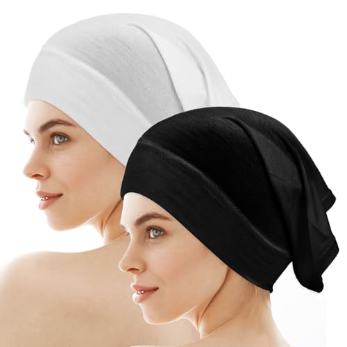 2 Pcs Jersey Hijab Undercap for Women, No Slip Hijab Cap | Soft Stretchy Turban Head Wrap and Neck Cover, Black & White
