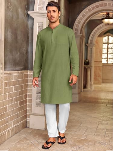 Gafeng Mens Kaftan Robe Button Down Long Sleeve Henley Cotton Thobe Casual Side Split Gown Shirt - color: Army Green, size: Small