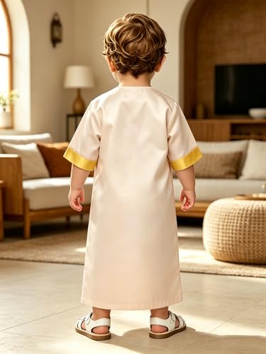 Toddler Ramadan Eid Outfit Traditional Middle Eastern Short-Sleeve Crew-Neck Thobe Kaftan Prayer Clothes - color: Champagne, size: 12-18 Months