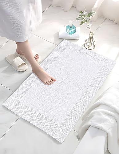 Bedding Craft 100% Cotton Bath Mat - Soft Hotel-Style Rectangular Bathroom Floor Rug - Plush, Water Absorbent Cloth Bathmat for Outside Bathtub/Shower, Machine Washable Cotton Bath Rug 21x34 White