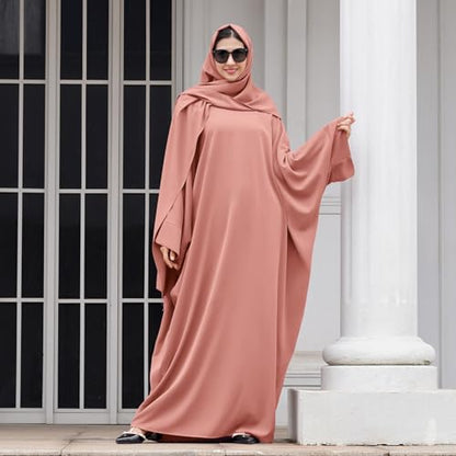 IDOPIP Abayas for Women Muslim Dress with Hijab, One-Piece Long Sleeve Islamic Prayer Dress with Khimar Jilbab Kaftan Clothes - color: Pink + Hijab