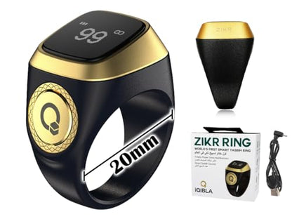 Smart Tasbih Zikr Ring - Digital Electronic Tally Counter for Muslim Islamic Prayer (Black, 20mm)