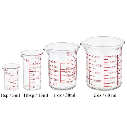 Ackers 4-Piece Glass Measuring Cup Set, Borosilicate Beaker Style Nesting Liquid Measuring Cups - size: 5ML/15ML/30ML/60ML Measuring Cup Set