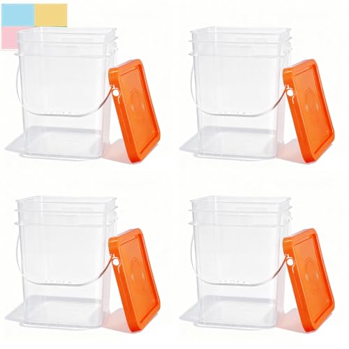 4 Pack 6.6 Gallon Square Plastic Bucket with Orange Lids, Heavy Duty Storage Containers with Handle, Large Clear Plastic Pail for Paint, Cleaning and Industrial Use, BPA Free - color: Clear, size: 6.6 gal