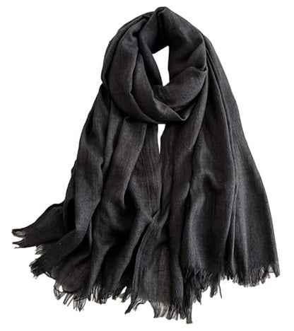 Solid color cotton and linen scarf, wrinkled all season versatile long sunscreen fashionable shawl - color: Black Grey