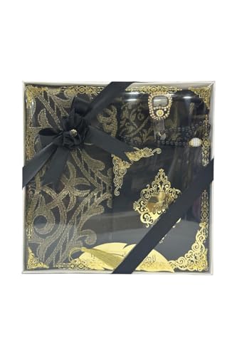 SODEF Quality Quran Set with Prayer Rug, Prayer Beads, Zikirmatik, Bookmark - Black Cotton - Islamic Gift Set - Black, 47x28 inch
