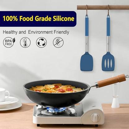HOTEC Silicone Spatula Set of 2 Heat-Resistant 600°F & BPA-Free Kitchen SaptulaTurner with Stainless Steel Handles, Slotted & Solid Spatulas for Nonstick Cookware, 13.7 Inch, Classic Blue - color: Classic Blue