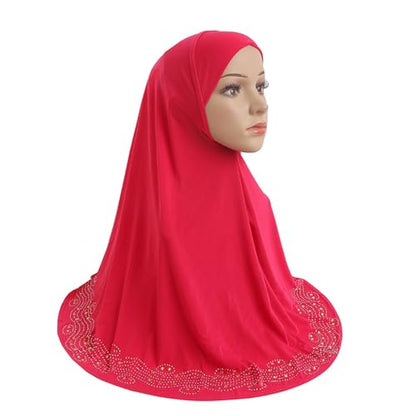 ZGMYC Women Shiny Rhinestones Muslim Hijab Elegant Long Turban Cap Head Wrap Scarf - color: Hot Pink(golden Beads & Rhinestones)