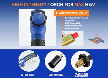 Flame King Propane Torch Kit Heavy Duty Weed Burner, 340,000 BTU with Piezo Igniter (Self Igniting), with 10-ft Hose for Weed Burning, Melting Ice and Snow, and Roofing - size: 340K BTU - Piezo Igniter