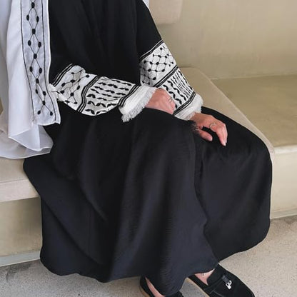Muslim Abayas for Women Long Sleeve Embroidered Open Front Cardigan Turkey Dubai Maxi Kaftan Dress Ramadan Kimono with Belt - color: Black, size: Small