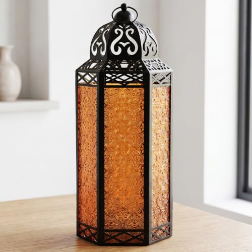 Vela Lanterns Decorative Indoor Candle Holder Table Centerpieces - Moroccan Hanging Outdoor Patio & Porch Home Decor, Turkish Floor Lamp for Wedding, Ramadan, Halloween (Extra Large 16", Amber Glass) - color: Black/Amber, size: Extra Large