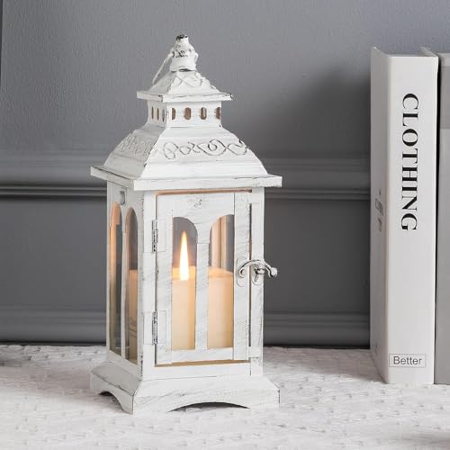 Lanterns Decorative Indoor & Outdoor, Medium Hanging Home Decor, Vintage Metal Decorative Candle Lanterns for Outdoor Patio Wedding Party White with Black Brush - color: White |||