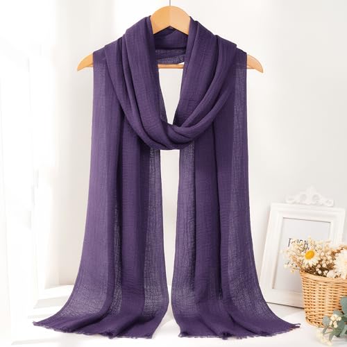 Nydotd Women Summer Cotton Linen Scarf Crinkle Long Beach Shawl Wrap hijab with Fringe - color: Dark Purple