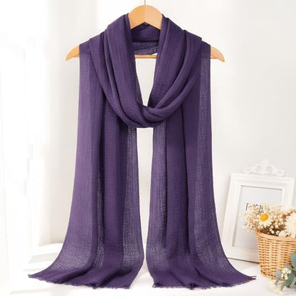 Nydotd Women Summer Cotton Linen Scarf Crinkle Long Beach Shawl Wrap hijab with Fringe - color: Dark Purple