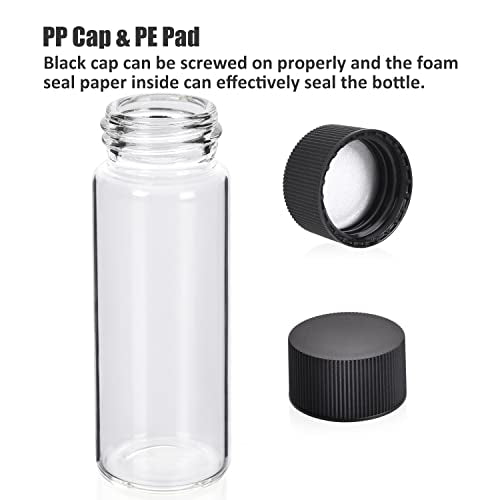 ESHATO 100 Pack 20ML Glass Sample Vial, Liquid Sampling Small Glass Bottle with Black Plastic Screw Caps,Leakproof,Light Weight and Corrosion Resistance(Clear)