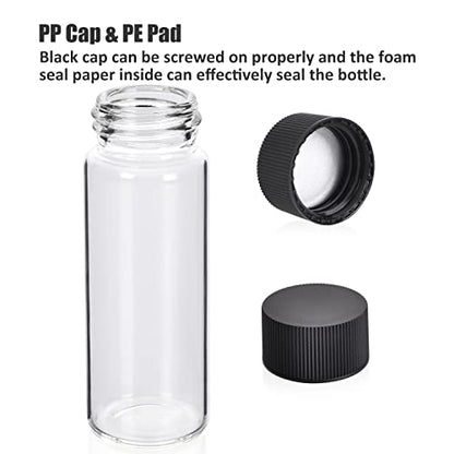 ESHATO 100 Pack 20ML Glass Sample Vial, Liquid Sampling Small Glass Bottle with Black Plastic Screw Caps,Leakproof,Light Weight and Corrosion Resistance(Clear)