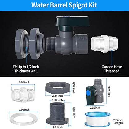 Suswillhit Rain Barrel Spigot Kit, Water Barrel Diverter, 2 Pack | with Bulkhead Fitting Hose Faucet Adapter, Thread Seal Tape for Water Tanks, Aquariums, Tubs, Pools, Garden Barrels - color: 2Pack