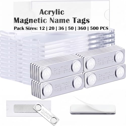 Gersoniel 12 Pieces Reusable Magnetic Name Tags Kit Acrylic Magnet Magnetic Name Badge Holders Custom Identity 3" x 1.2" DIY Clear Label Holders Blank Printable Paper Inserts for Office School