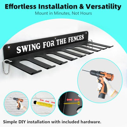 Baseball Softball Bat Holder Storage Rack Organizer Hanger Hook Home Field Hanging Fence Holds 14 Bats Wall Mount Equipment Sports Carabiners Included Metal - style: SWING