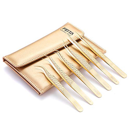 FEITA Eyelash Extension Tweezer Set Gold Lash Applicator Tool - Precision Lashes Diamond Grip Tweezers for 2D-6D Volume & Individual Eyelashes Extensions Supplies (6Pcs) - color: Gold Diamond-grip 6pcs
