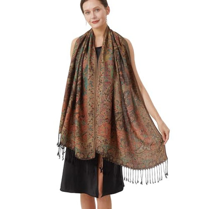 Paisley Pashmina Rave Shawl Scarf-Women's Reversible Ethnic Jacquard Pashmina Wraps for Travel - color: A#. Black Green Plum