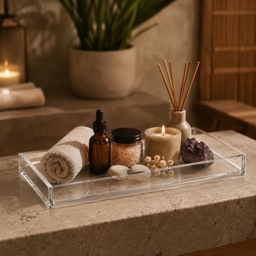 MaxGear Acrylic Vanity Tray | Clear Bathroom Tray for Countertop, Plastic Tray for Makeup Storage, Rectangle Decorative Organizer, 11.8 × 5 × 1.2in