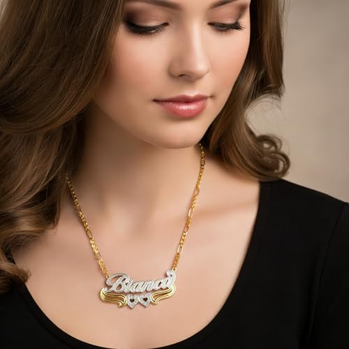 Custom Name Necklace Double Plated Name Necklace Personalized Name Plate Necklaces Name Necklaces for Women 18k Gold Plated Nameplate Pendant - color: Style 1
