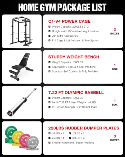 C1-V4 Power Cage, 2000LBS Squat Rack with LAT Pulldown, Multi-Function Weight Cage Strength Training Machine, Workout Cage with More Attachments for Home Gym Garage - style: 220LBS Colorful BK Package