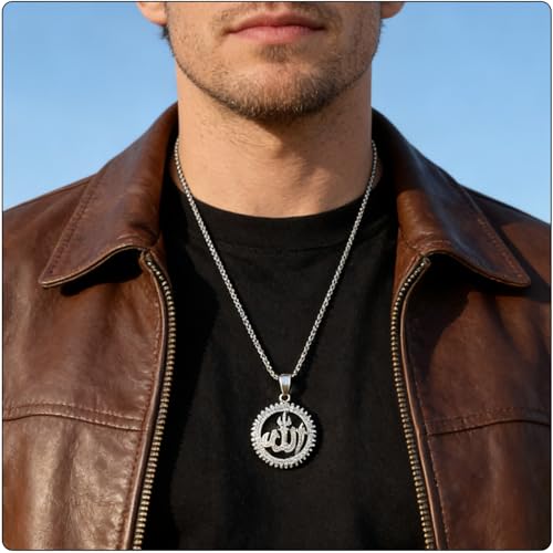 Hip Hop Stainless Steel Iced Out Hollow Allah Pendant Round Necklace - color: Steel