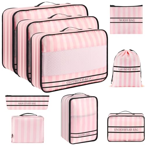 9 Set Packing Cubes Luggage Packing Organizers for Travel Accessories Space Saving Travel Bags for Carry On, Lightweight Mesh Zipper, Clothes, Shoes and Laundry Bag, Suitcases (Pink Streak) - color: A-Pink Streak