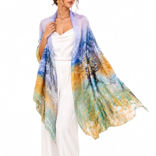 Extra Large Silk Scarf for Women 100% Mulberry Silk Shawl Wrap Oversized Jacquard Floral Scarves with Elegant Gift Box - color: Winter Forest