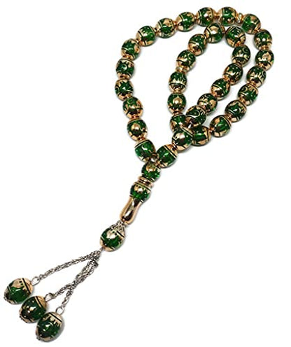 Muslim Tasbih 33 Rosary Bead AMN-276 Islam Prayer dhikr Misbaha with Masjid Image Printed on Laser Crystal Stone Beads Islamic Religion Eid Ramadan Gift (Green) - color: Green