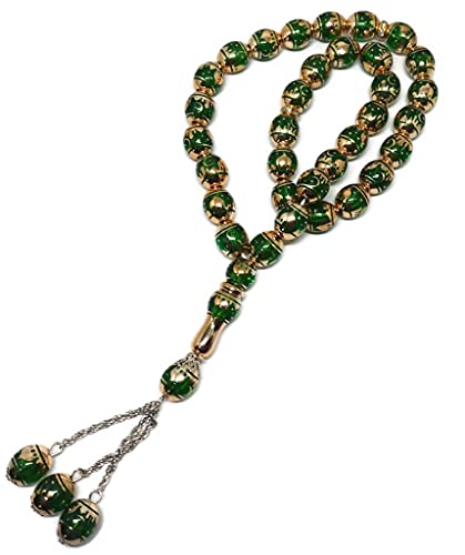 Muslim Tasbih 33 Rosary Bead AMN-276 Islam Prayer dhikr Misbaha with Masjid Image Printed on Laser Crystal Stone Beads Islamic Religion Eid Ramadan Gift (Green) - color: Green