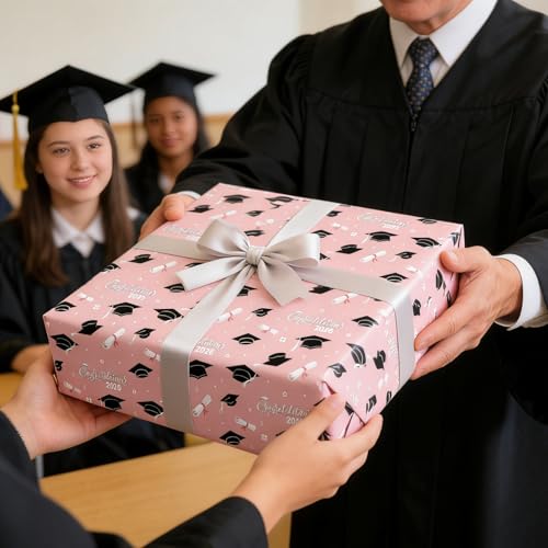 Cuitpan 2026 Graduation Wrapping Paper - 4 Jumbo Sheets,28x40 Inches, Pink Cap & White Diploma Design, Gift Wrap for Graduates, Graduation Parties, Seniors, School Events - color: Pink-Graduation