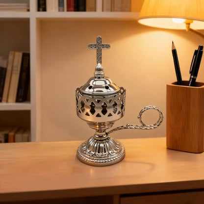 Electric Incense Burner, Frankincense Charcoal Incense Stand, Bakhoor Incense Burner Holder, Ideal for Aromatherapy, Yoga and Spa, Home and Christian Church Censer (Silver)