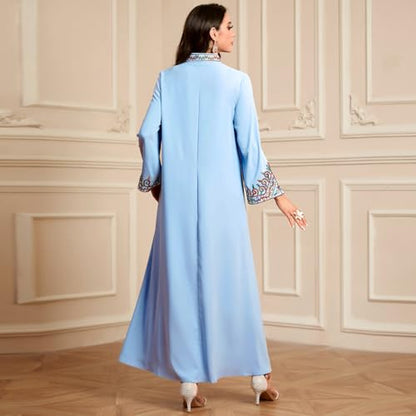OBEEII Abayas for Women Muslim Applique Embroidery Long Sleeve Maxi Dress Loose Full Cover Islamic Dubai Robe Kaftan Abayas - color: Sky Blue, size: Large