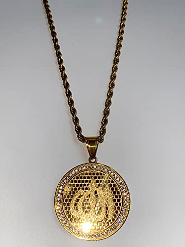 Allah Pendant Necklace – 14k Gold Finish Iced Round Islamic Charm with 3mm Rope Chain, Stainless Steel Muslim Jewelry for Men & Women