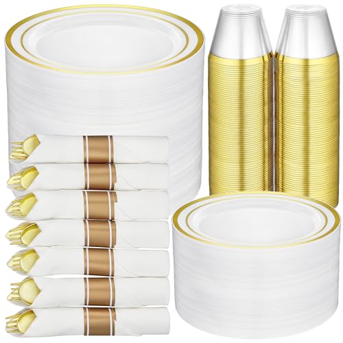 R-kay 350pcs Gold Plastic Dinnerware Set 50 Guest, Gold Plastic plates for party, Premium Party Plates And Cups And Napkins Sets - Wedding Plates Disposable Set 50 Guests With Prerolled Napkin Cutlery