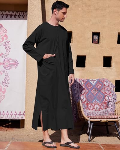 YAOHUOLE Kaftan for Men Long Sleeve Muslim Men Thobe Kaftan Thobe with Pockets - color: Black, size: Large