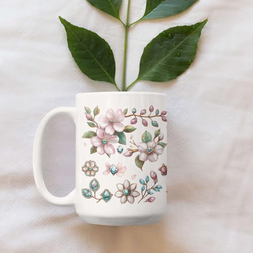 Personalized Sparkling Cherry Blossom Coffee Mug, National Cherry Blossom Festival Inspired Cup, Custom Name Ceramic Cup 11oz 15oz, Customized Elegant Floral Full Wrap White Mug - color: XUA-1124-3658-Cherry Blossom Festival
