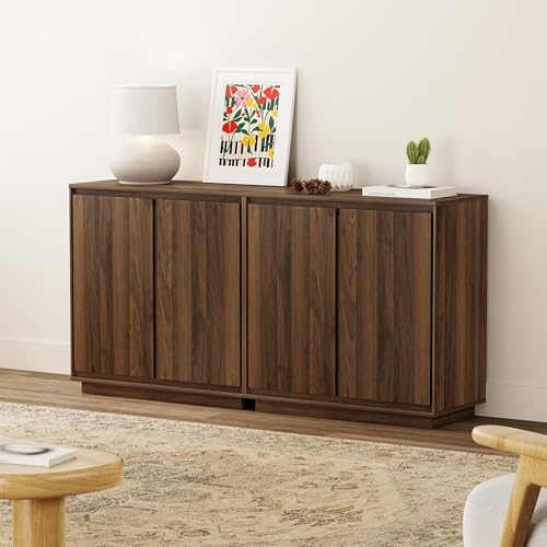 Buffet Storage Cabinets Set of 2, Sideboard Accent Cabinet with Adjustable Shelves and Handless Design, Credenza Console Table for Living Room, Brown - color: Brown, size: 2 PCS